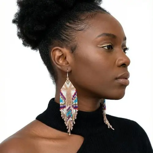Boucles D'oreilles Perlées Pendantes en Motifs Africain Multicolore