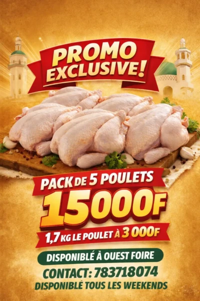 Pack de 5 poulets à partir de 1,7kg à 15000